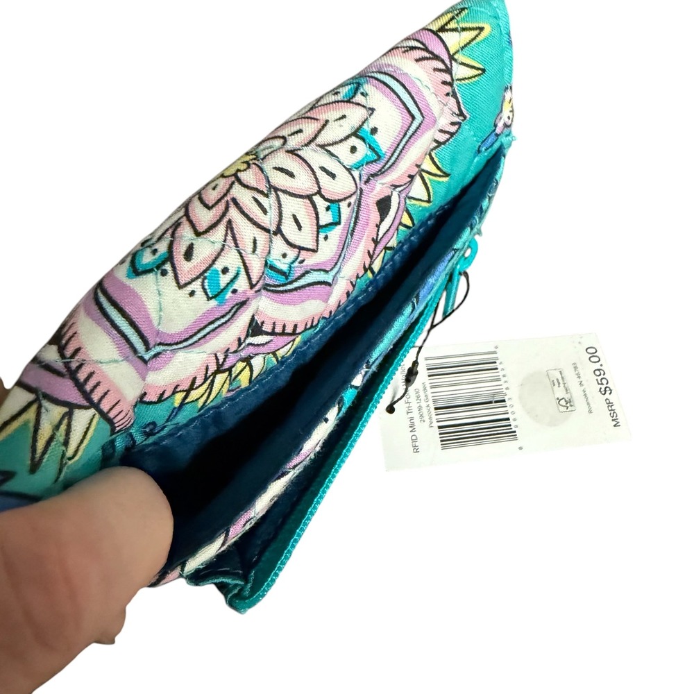 Vera Bradley Peacock Garden RFID Mini Tri-Fold Wallet Teal Quilted Cotton NWT - Picture 6 of 10